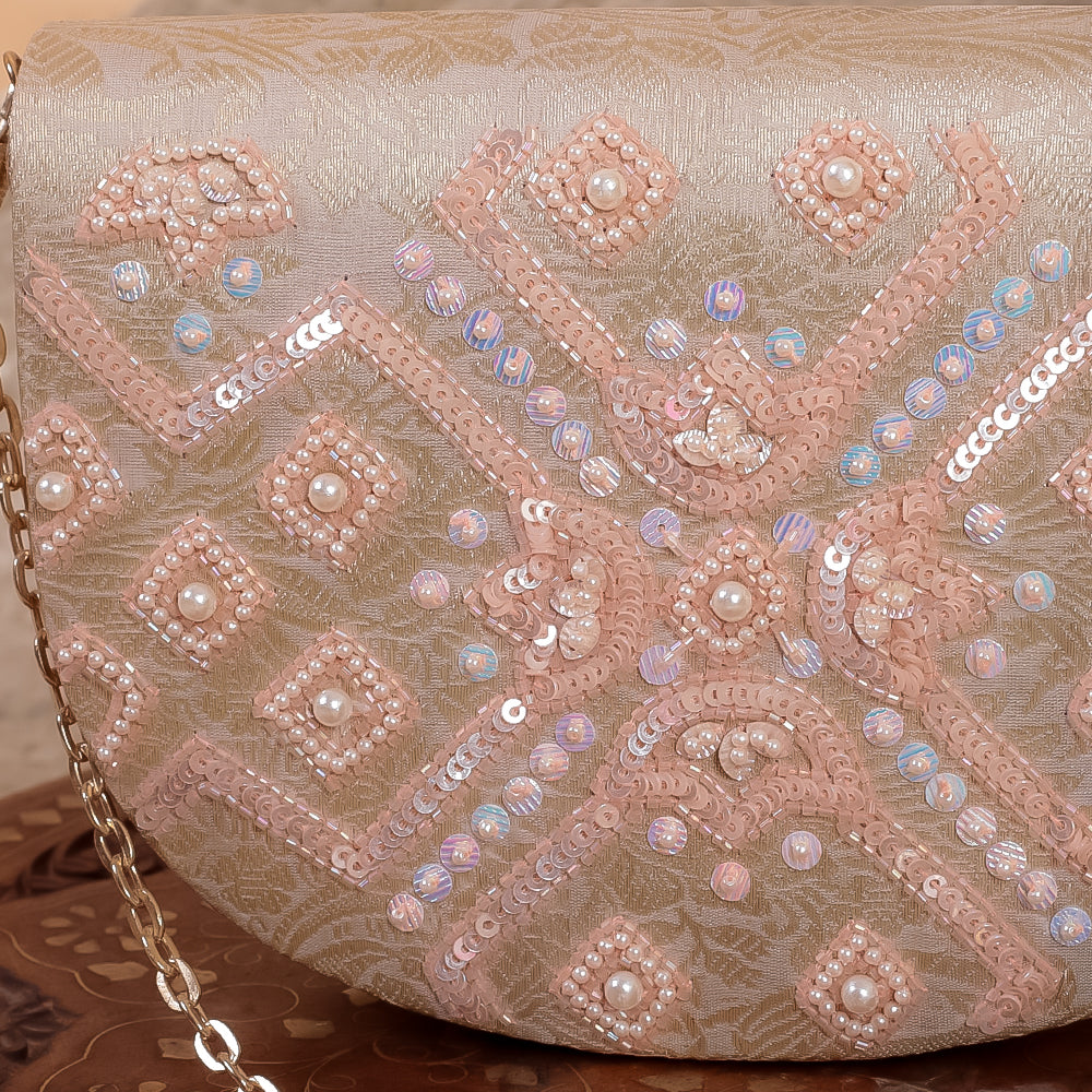 Gold Silk Brocade Hand Embroidery Clutch