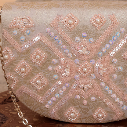 Gold Silk Brocade Hand Embroidery Clutch