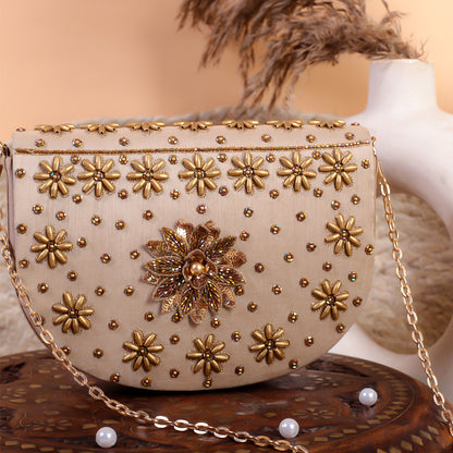 Gold Silk Tissue Hand Embroidery Clutch