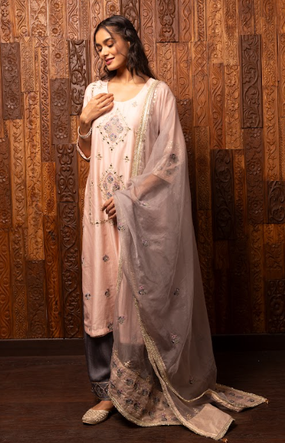 Light Pink Embroidered Silk Chanderi Kurta Suit Set