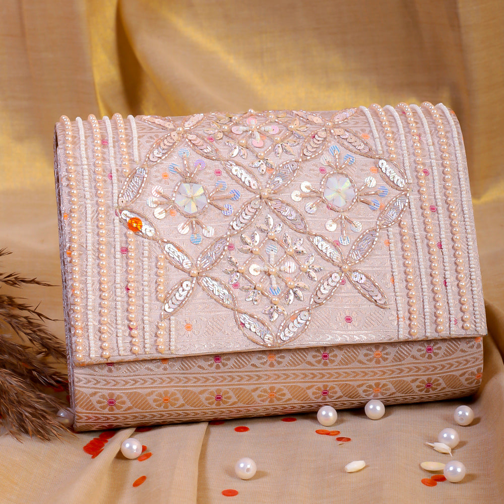 Peach Silk Brocade Hand Embroidery Clutch