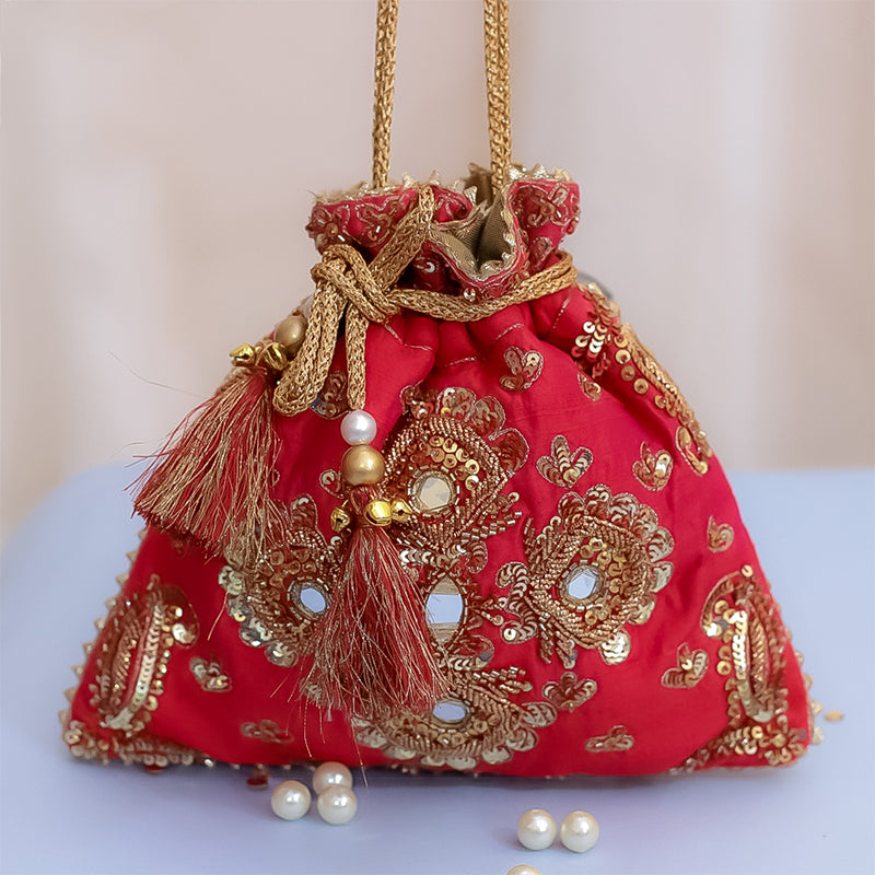 Red Raw Silk Embroidered Potli Bag