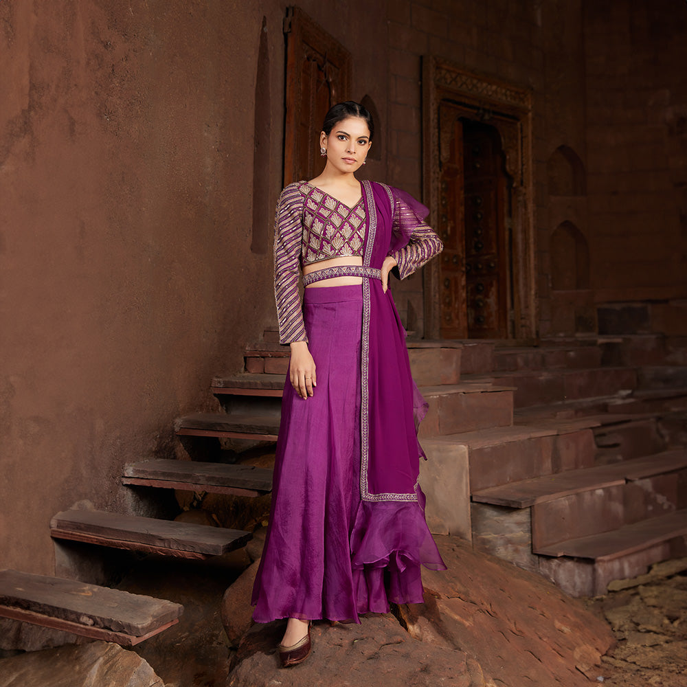 Purple Embroidered Organza Lehanga Set