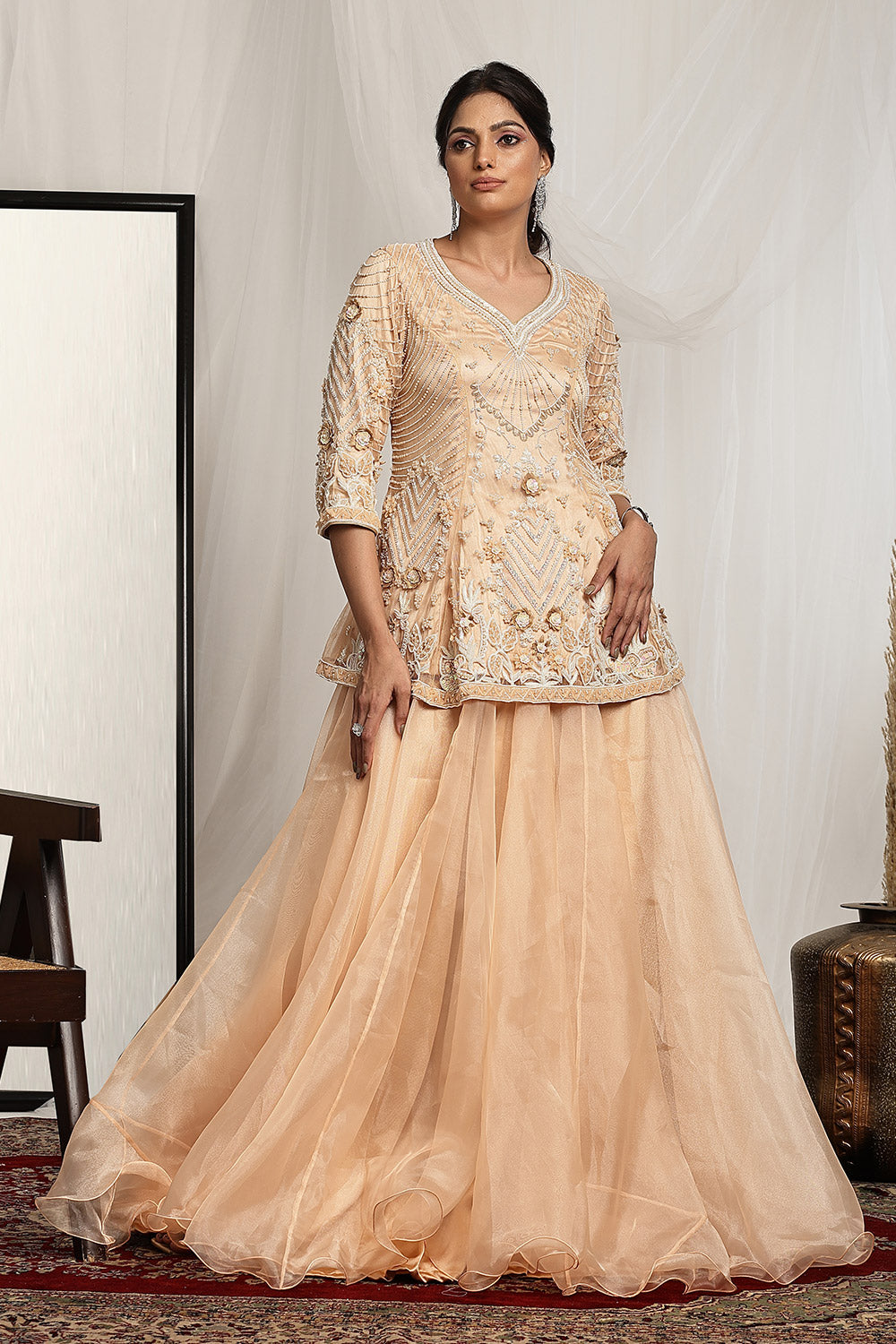 Pearl and Bead Embellished Short Kurta with a Flowy Skirt