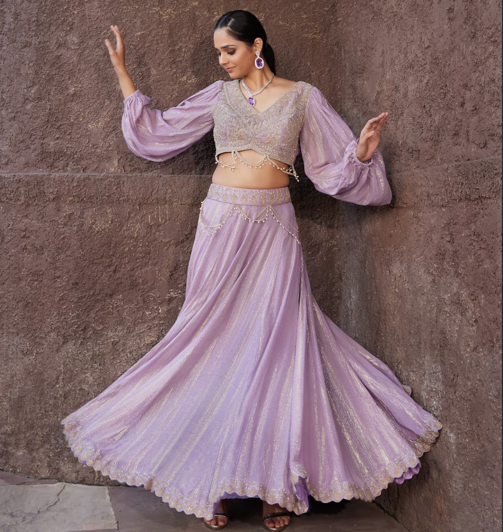 Mauve Embroidered Shimmer Lehengas Set