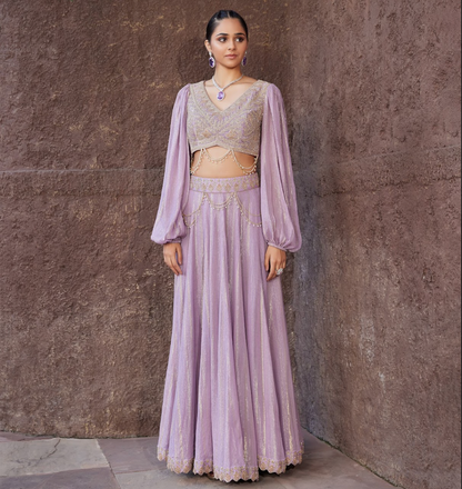 Mauve Embroidered Shimmer Lehengas Set