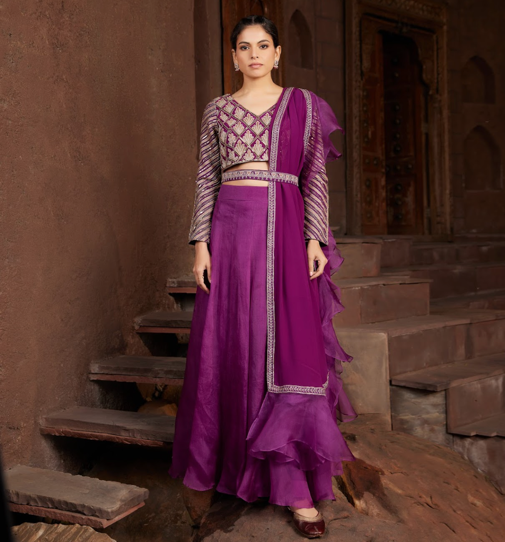 Purple Embroidered Organza Lehanga Set