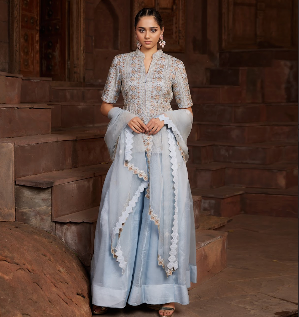 Powder Blue Embroidered Kurta Sharara Set