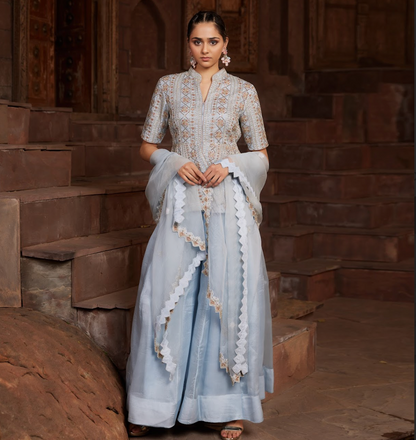 Powder Blue Embroidered Kurta Sharara Set