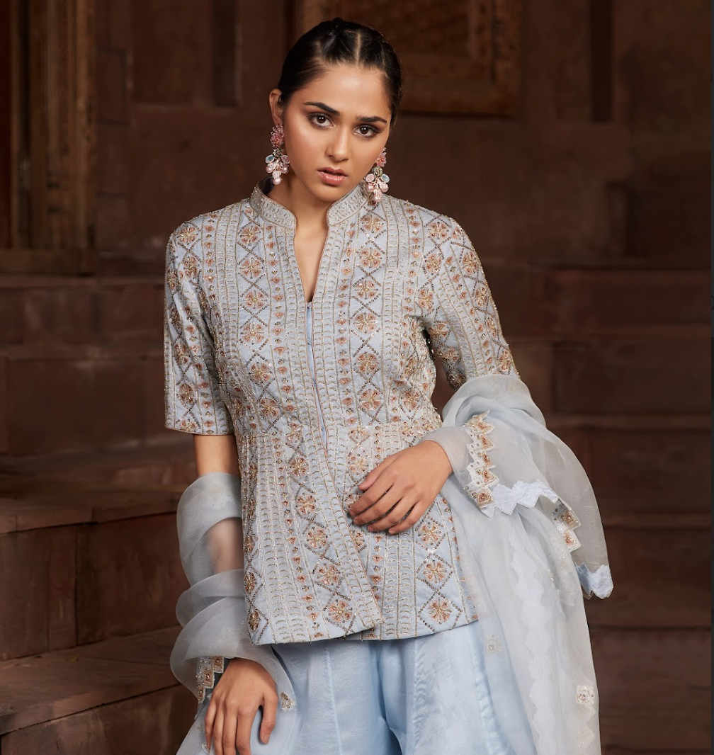 Powder Blue Embroidered Kurta Sharara Set