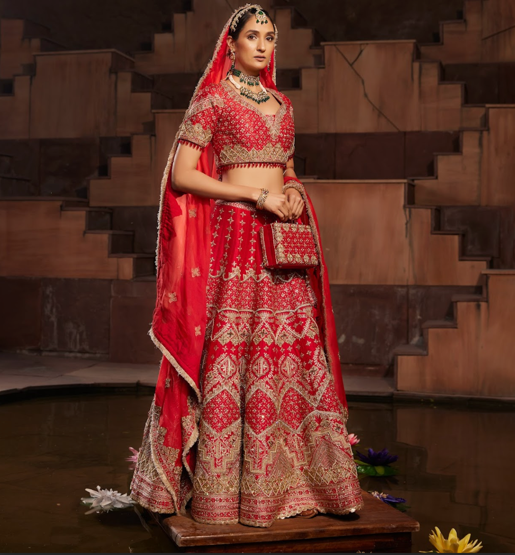 Red Bridal Embroidered Raw Silk Lehanga Set