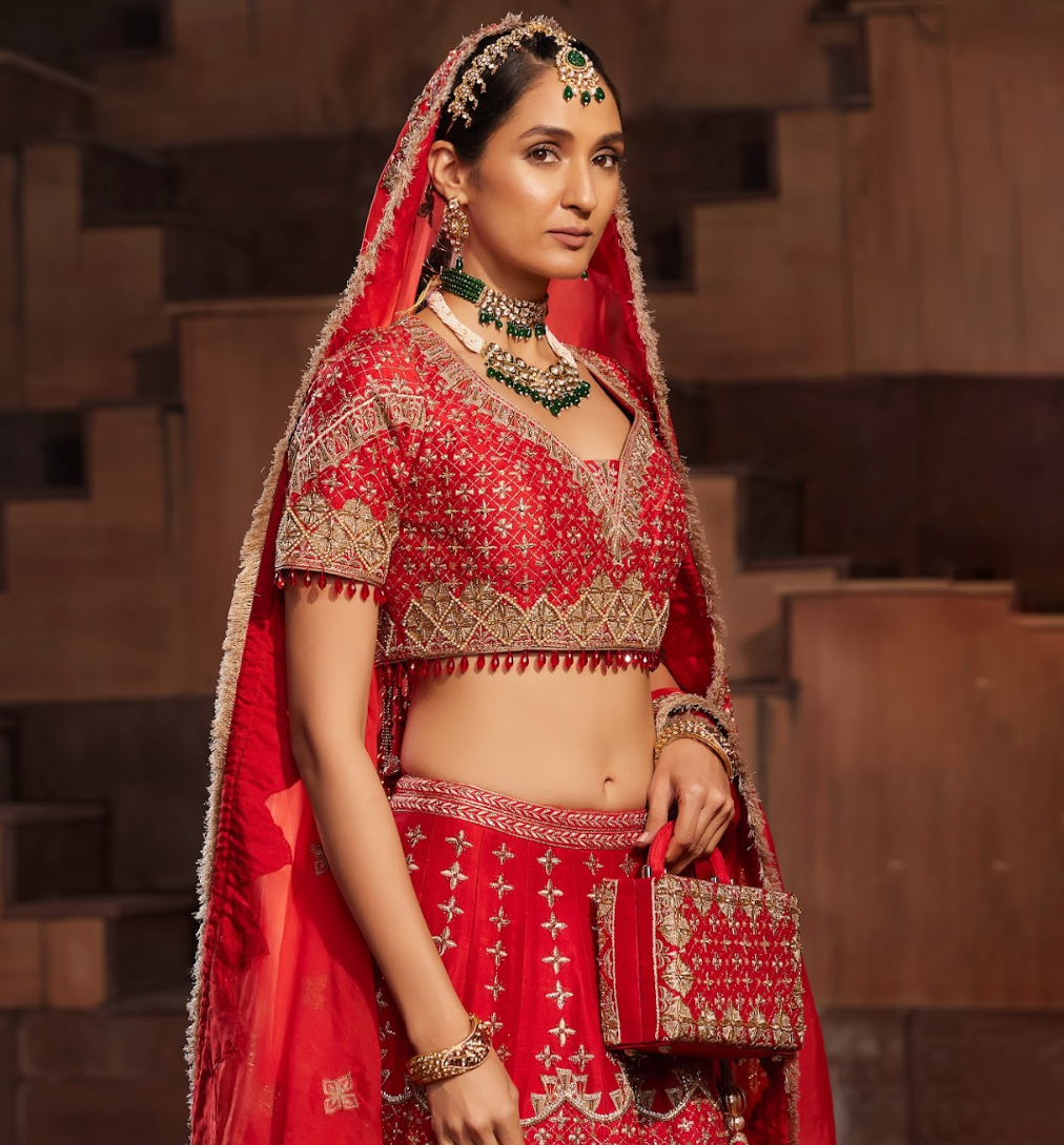 Red Bridal Embroidered Raw Silk Lehanga Set