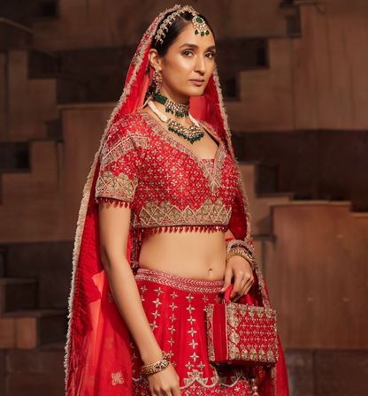 Red Bridal Embroidered Raw Silk Lehanga Set