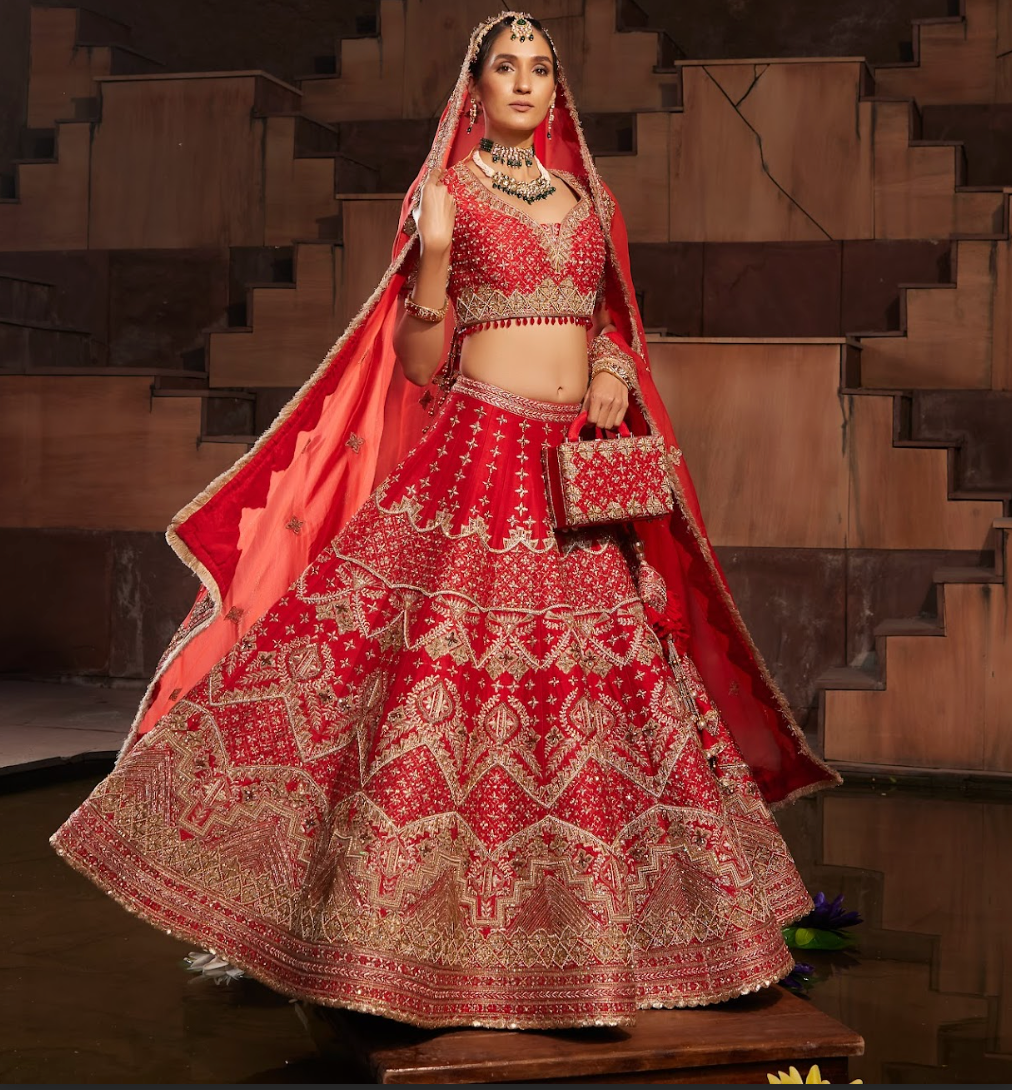 Red Bridal Embroidered Raw Silk Lehanga Set