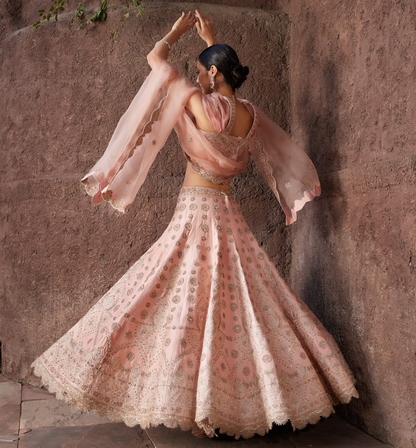 Peach Embroidered Raw Silk Lehanga Set