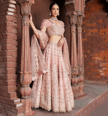 Peach Embroidered Raw Silk Lehanga Set