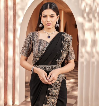 Black Embroidered Georgette Saree Set