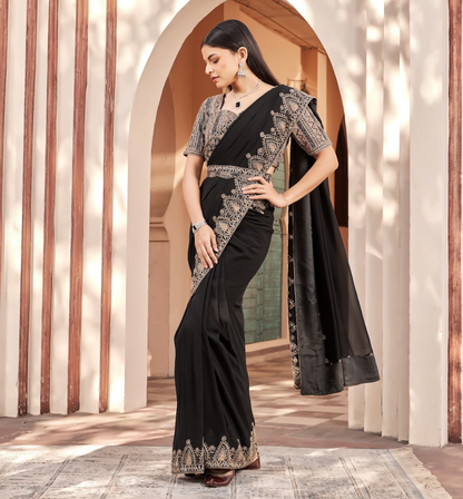 Black Embroidered Georgette Saree Set