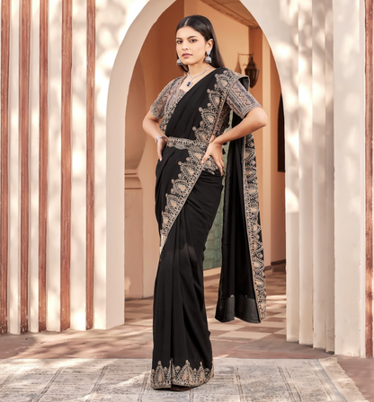 Black Embroidered Georgette Saree Set