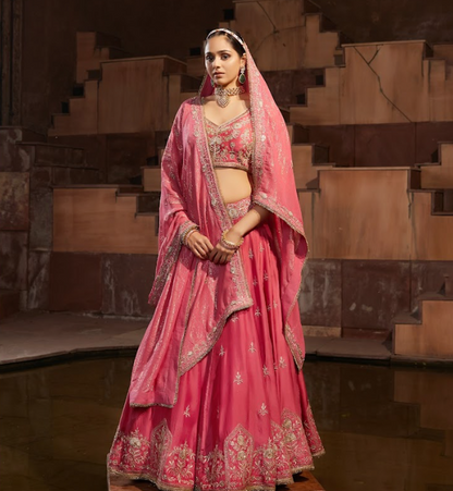 Red Embroidered Raw Silk Lehenga Set