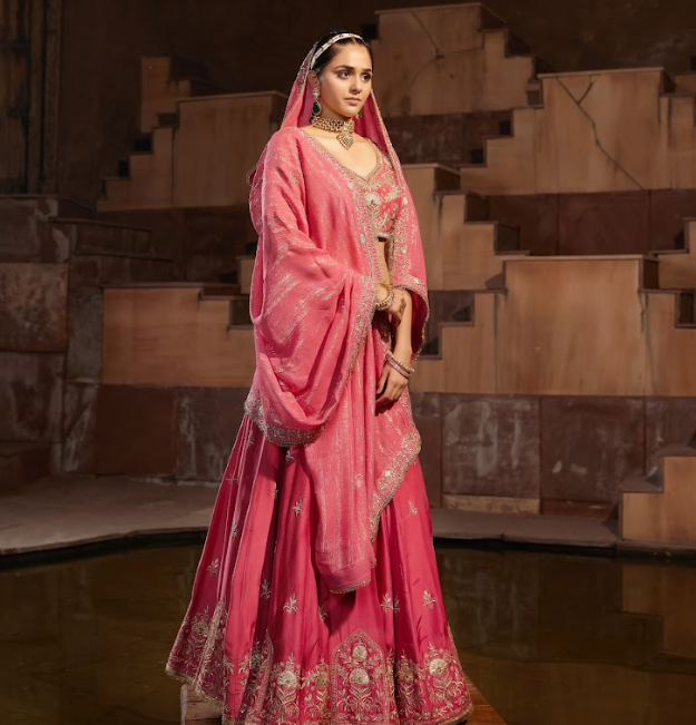 Red Embroidered Raw Silk Lehenga Set