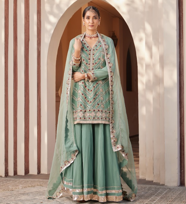 Olive Green Embroidered Kurta Sharara Set