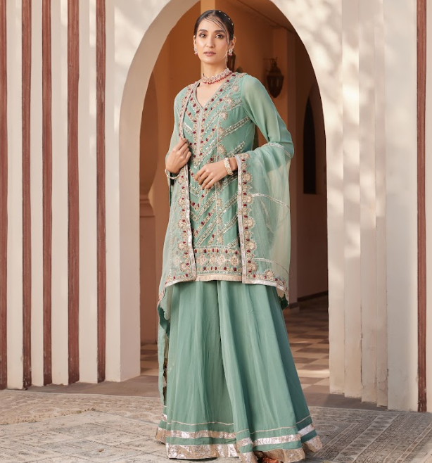 Olive Green Embroidered Kurta Sharara Set