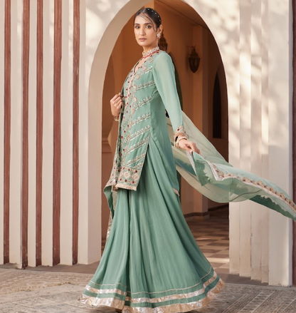 Olive Green Embroidered Kurta Sharara Set