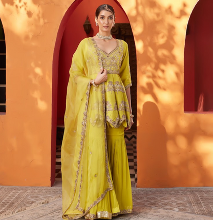 Yellow Embroidered Raw Silk Kurta Sharara Set