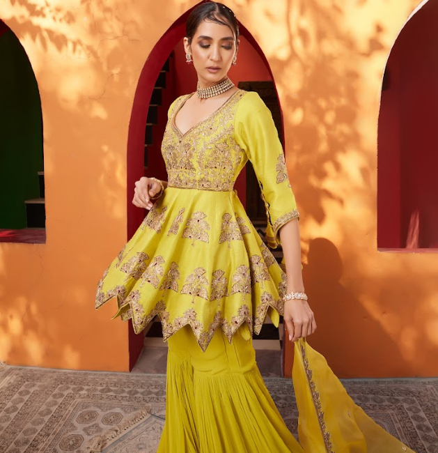 Yellow Embroidered Raw Silk Kurta Sharara Set