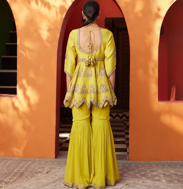 Yellow Embroidered Raw Silk Kurta Sharara Set