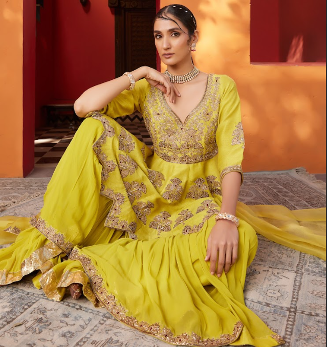 Yellow Embroidered Raw Silk Kurta Sharara Set