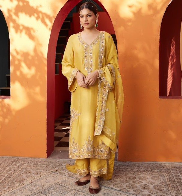 Mustard Embroidered Silk Crepe Kurta Suit Set