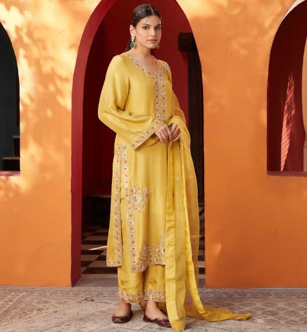 Mustard Embroidered Silk Crepe Kurta Suit Set