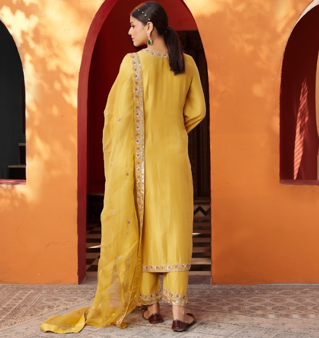 Mustard Embroidered Silk Crepe Kurta Set