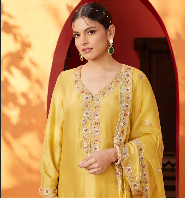 Mustard Embroidered Silk Crepe Kurta Set