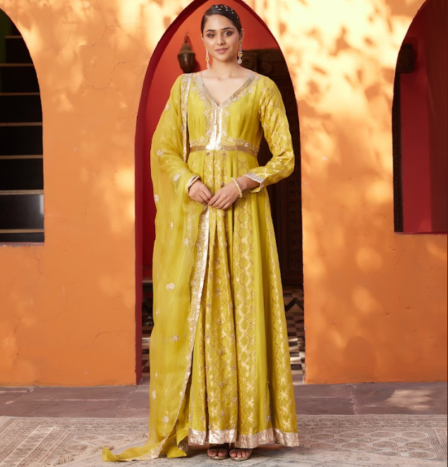 Mustard Embroidered Raw Silk Anarkali Set