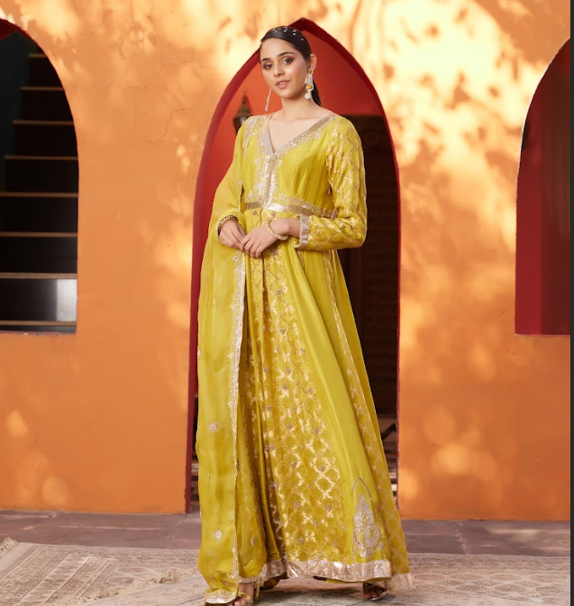 Mustard Embroidered Raw Silk Anarkali Set