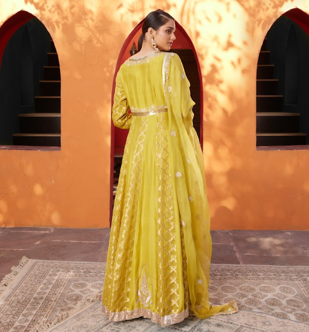 Mustard Embroidered Raw Silk Anarkali Set