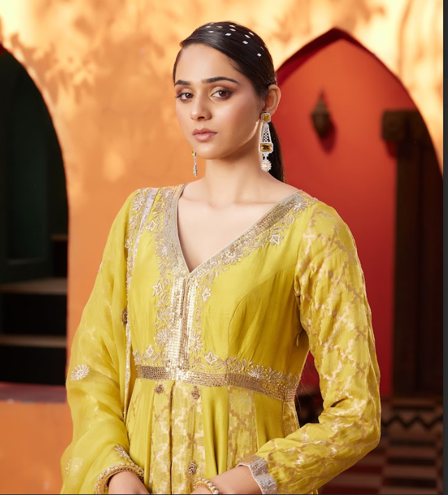 Mustard Embroidered Raw Silk Anarkali Set