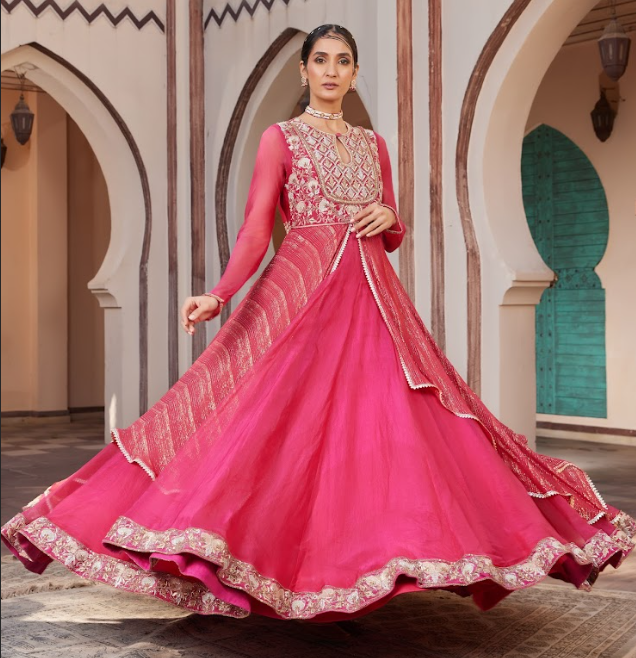 Red Embroidered Raw Silk Gown