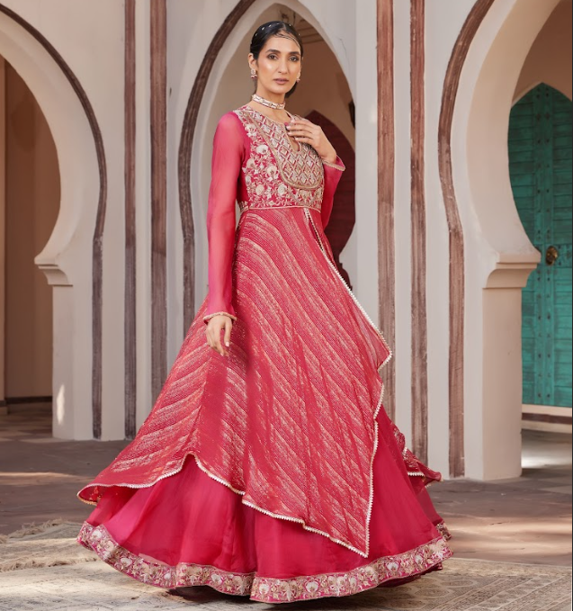 Red Embroidered Raw Silk Gown