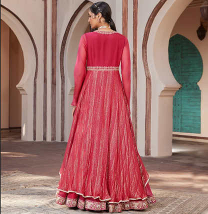 Red Embroidered Raw Silk Gown