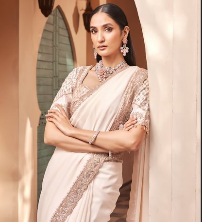 Light Peach Embroidered Silk Georgette Saree Set