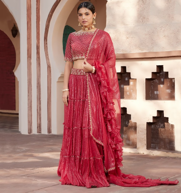 Red Embroidered Shimmer Layered Lehenga Set