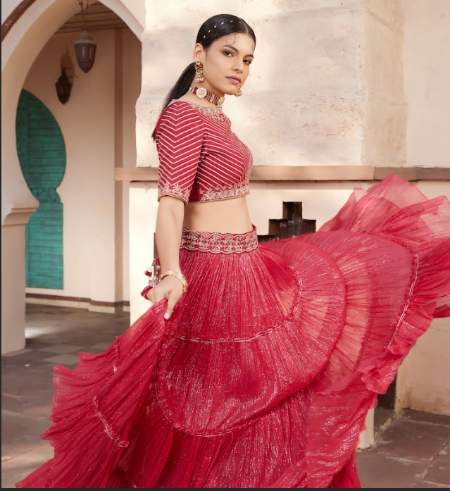 Red Embroidered Shimmer Layered Lehenga Set