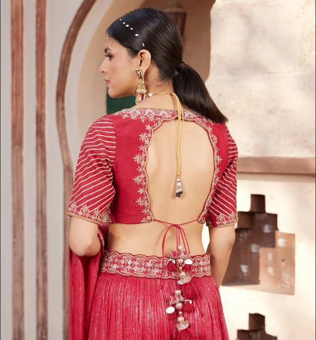 Red Embroidered Shimmer Layered Lehenga Set