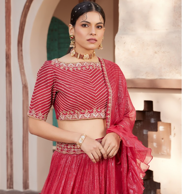 Red Embroidered Shimmer Layered Lehenga Set