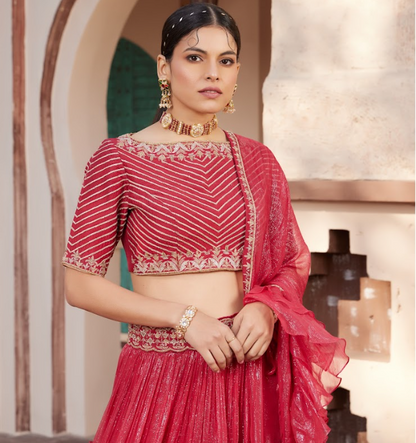 Red Embroidered Shimmer Layered Lehenga Set