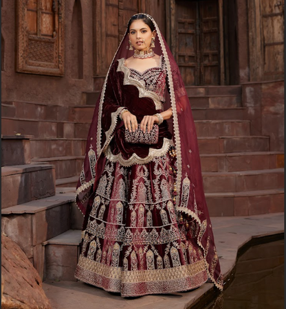 Maroon Embroidered Velvet Lehenga Set